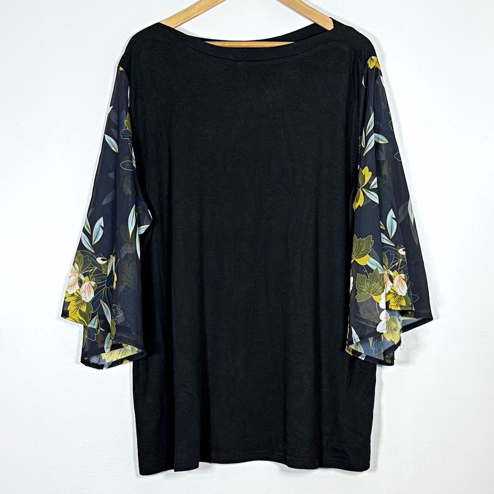 Amaryllis Womens Top Size 2X Black Floral Chiffon Bell Sleeve Artsy Boho Whimsy